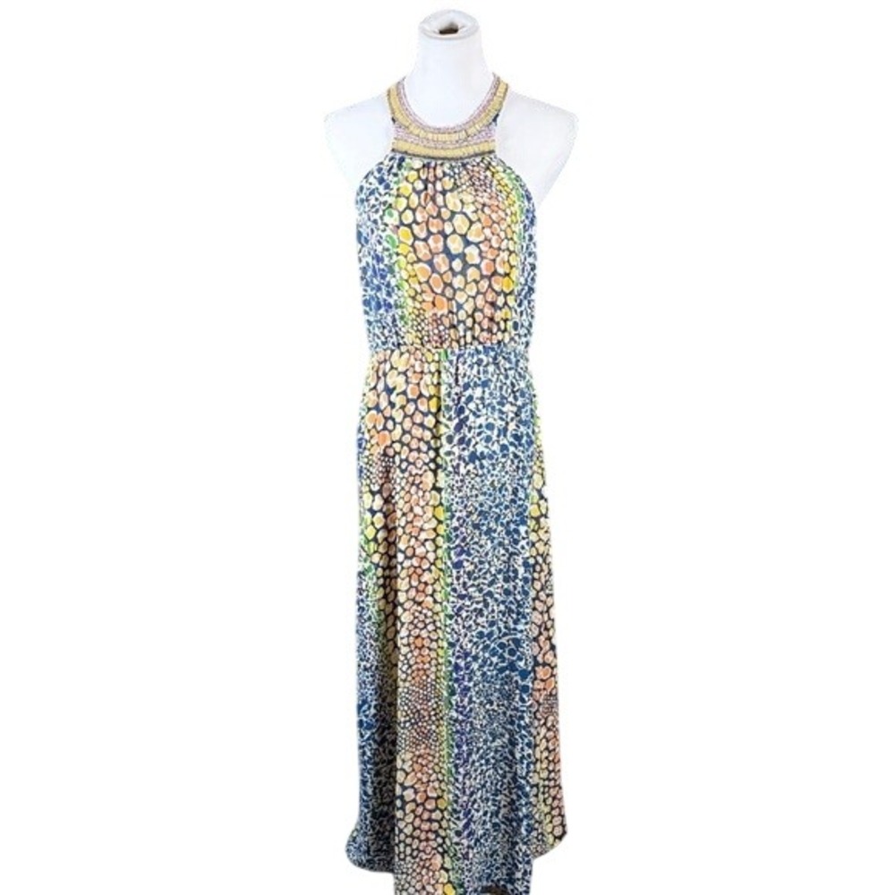 HD‎ in Paris Anthropologie Beaded Halter Maxi Dress Multicolor Animal Print 6